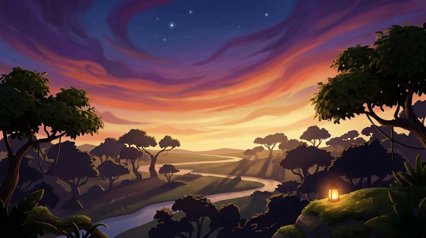 3D AI animated sweeping view of a jungle river valley at sunset under a starry sky by Inspirious Design