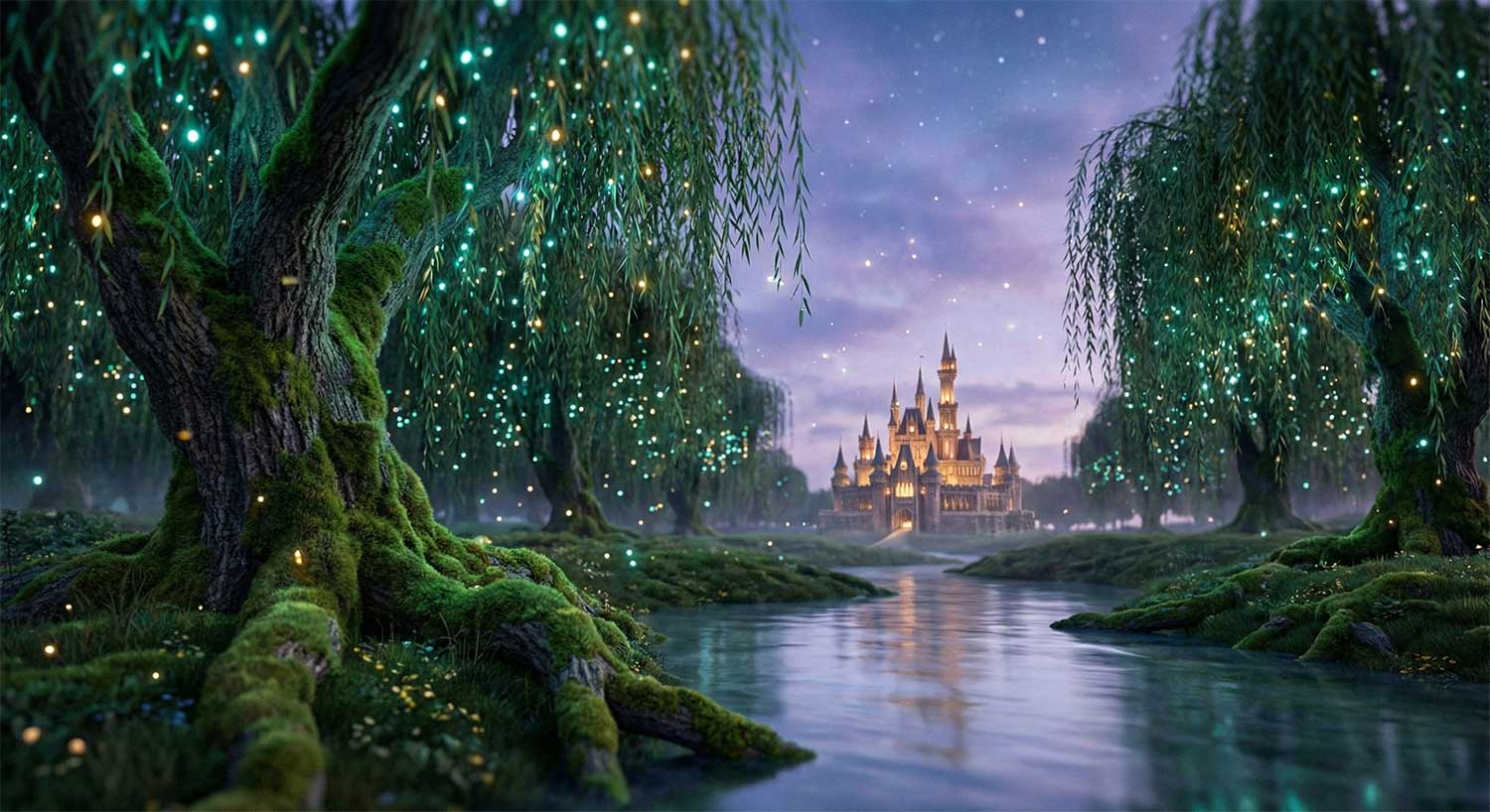 AI generated magical kingdom with glowing willow trees and a distant castle by Inspirious Design