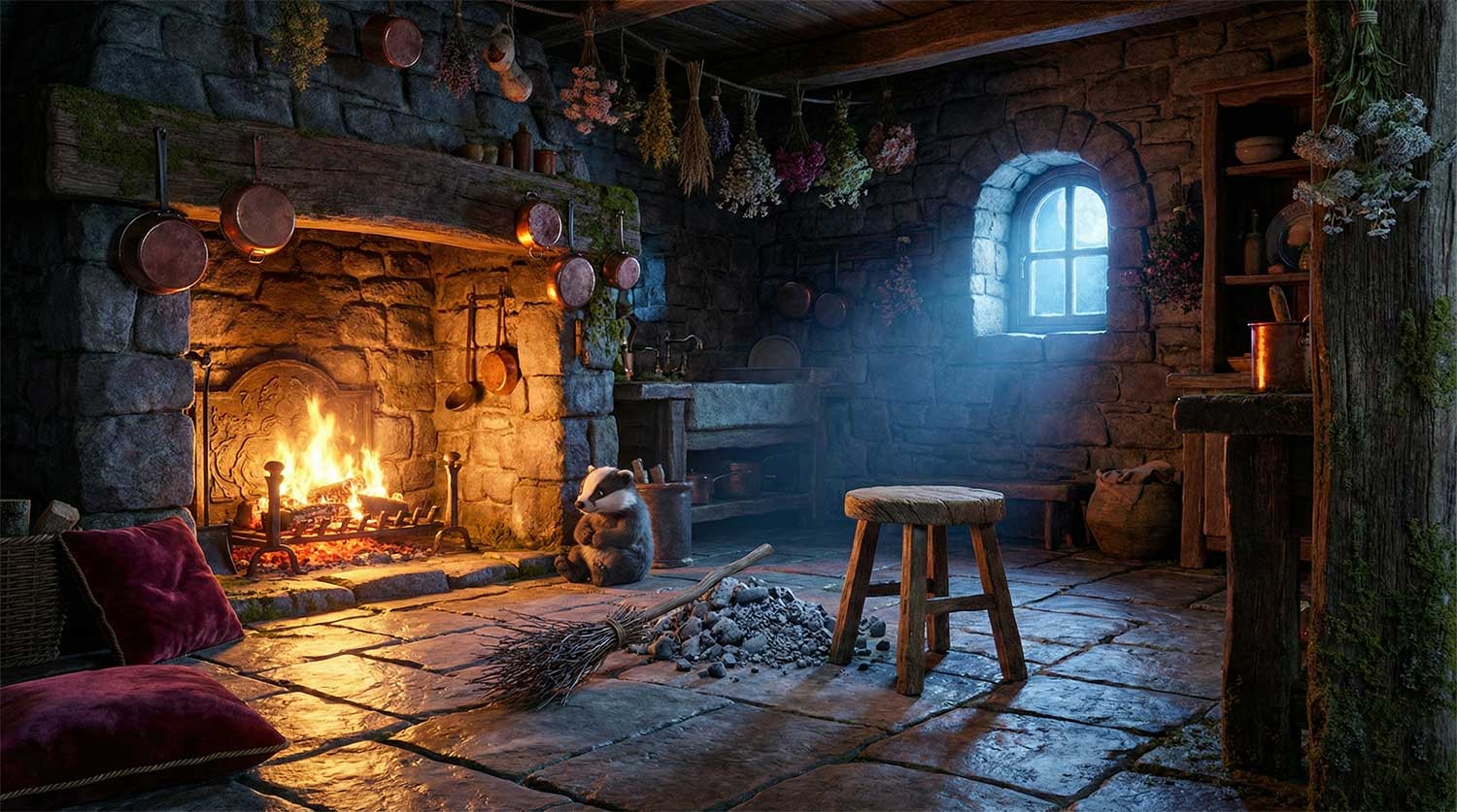 Rustic AI generated stone kitchen hearth with glowing fire and copper pots by Inspirious Design
