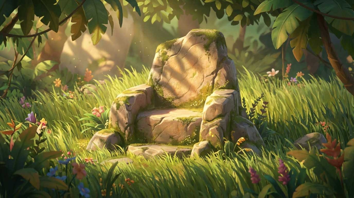3D AI animated mossy stone throne sitting in a sunlit grassy jungle clearing by Inspirious Design