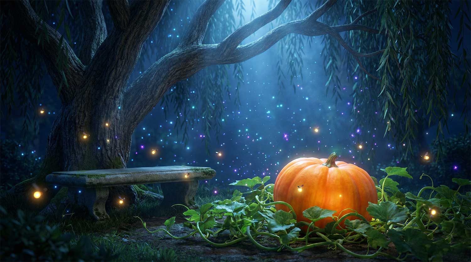 AI generated enchanted night garden with a glowing orange pumpkin by Inspirious Design