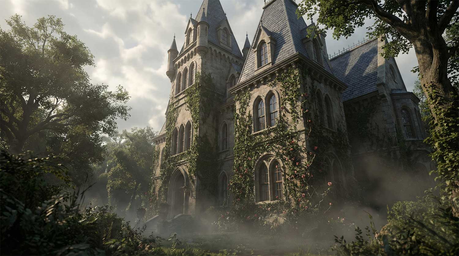 3D AI animated grand gothic manor house covered in ivy by Inspirious Design