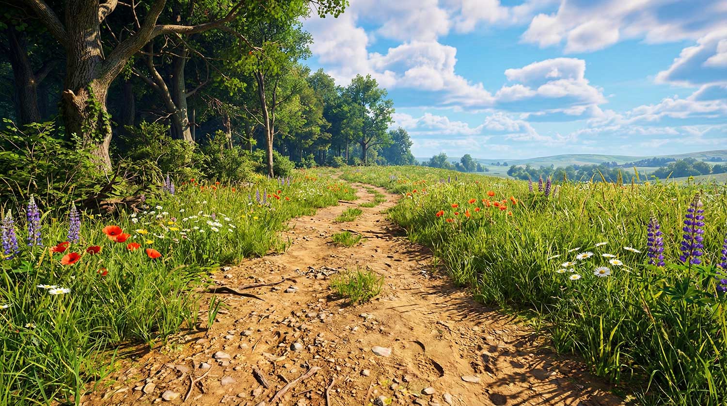 3D AI animated dirt path winding through a vibrant meadow of red poppies and blue wildflowers under a bright blue sky by Inspirious Design
