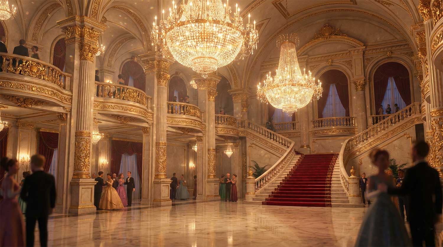 AI generated opulent royal ballroom with crystal chandeliers and sweeping staircases by Inspirious Design