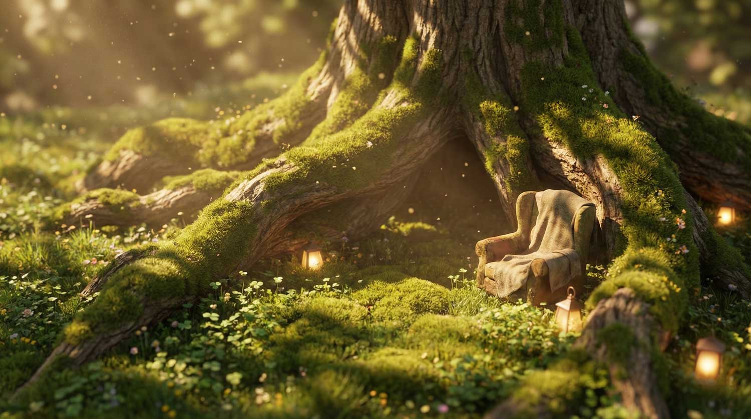 3D AI animated cozy armchair nestled between the giant mossy roots of an ancient tree in golden afternoon light by Inspirious Design