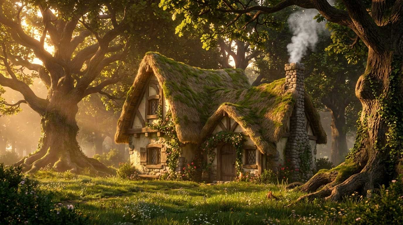 3D AI animated charming stone cottage with a thick mossy roof in a sunlit forest by Inspirious Design