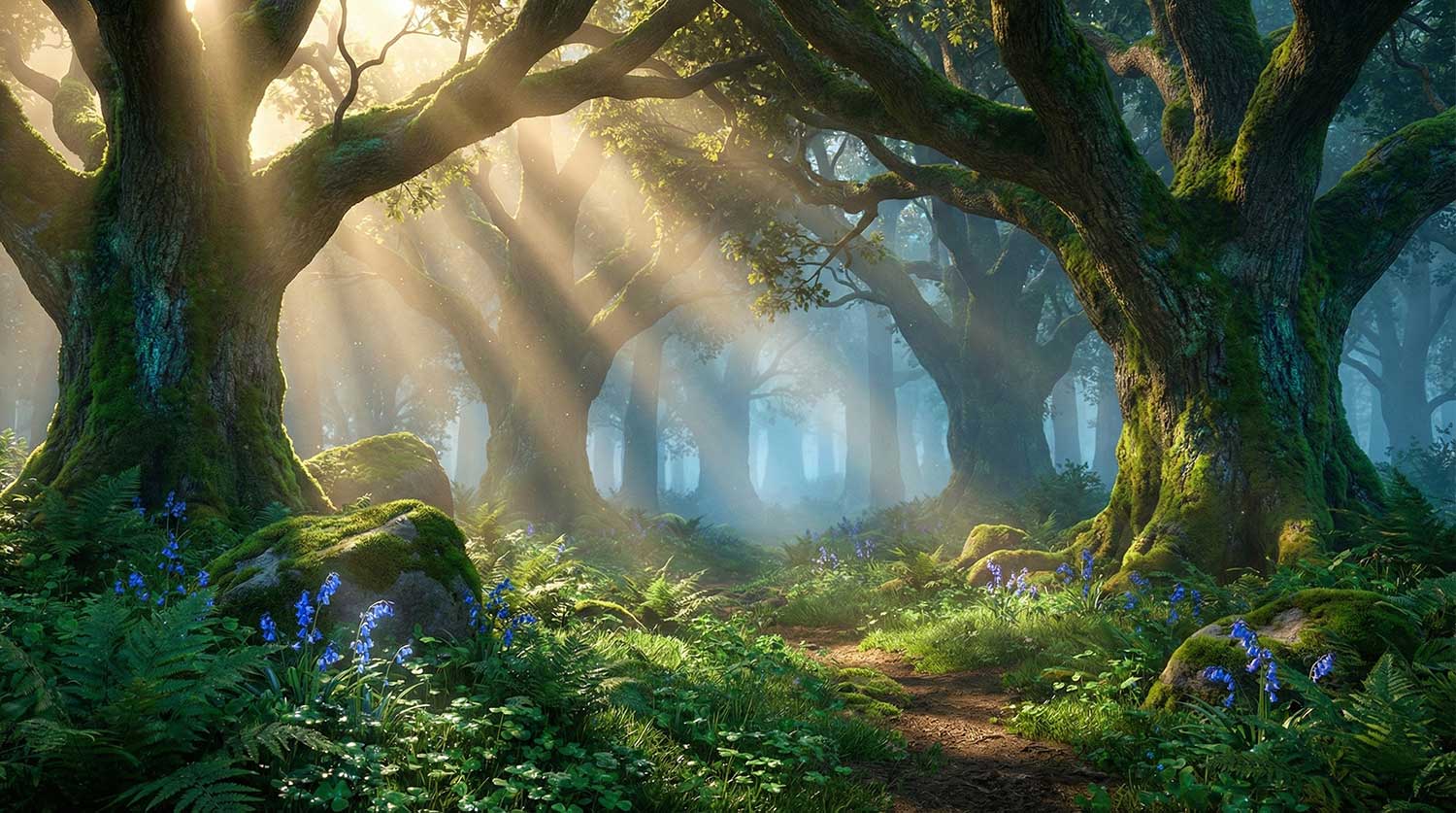 3D AI animated lush green forest with massive ancient trees and bright morning sunbeams by Inspirious Design
