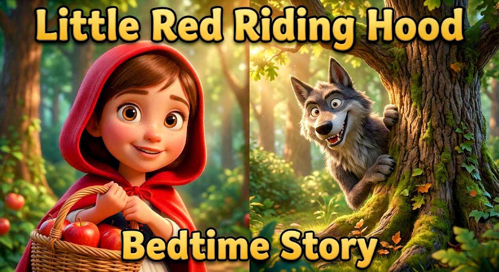 YouTube thumbnail split screen showing a smiling Little Red Riding Hood with apples on the left and a sneaky wolf behind a tree on the right by Inspirious Design