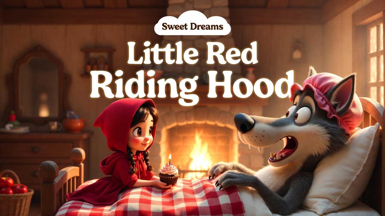 YouTube thumbnail showing Little Red Riding Hood giving a cupcake to a cartoonish wolf disguised in a pink nightgown in bed by Inspirious Design