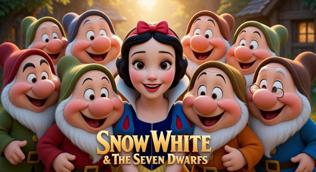 YouTube thumbnail featuring 3D AI animated Snow White smiling, surrounded by the cheerful seven dwarfs by Inspirious Design