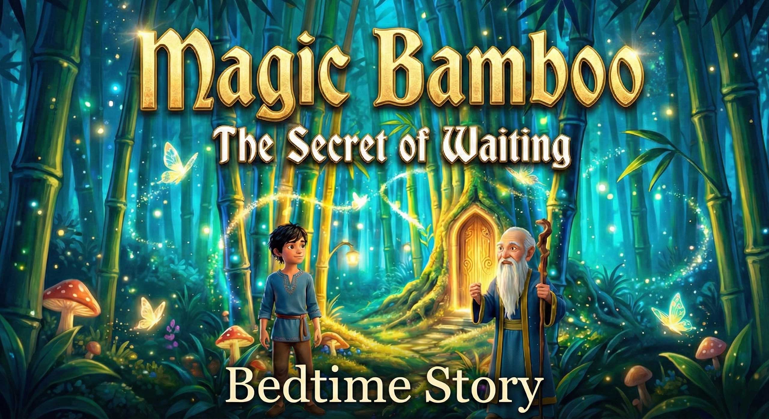 YouTube thumbnail for Magic Bamboo featuring Jack, Grandpa Chen, and a glowing bamboo forest by Inspirious Design