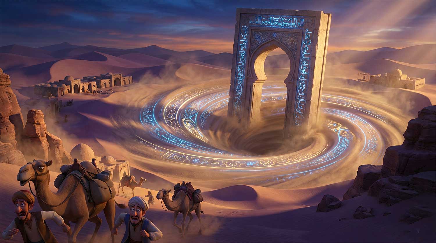 AI generated desert quicksand vortex with a glowing runic archway by Inspirious Design