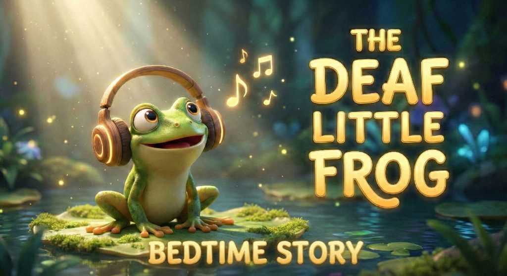 YouTube thumbnail for The Deaf Little Frog featuring a cute frog wearing headphones by Inspirious Design