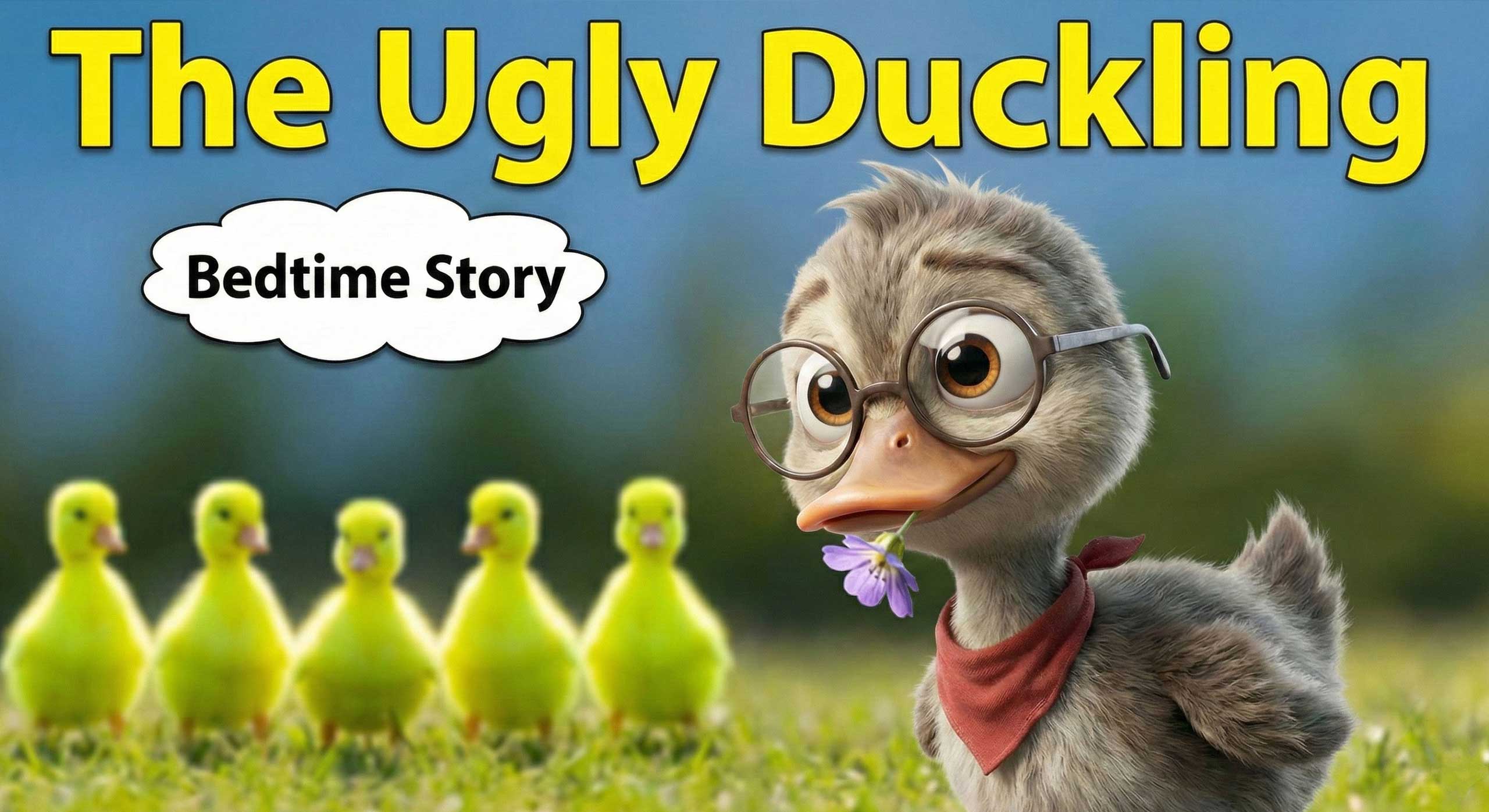 YouTube thumbnail for The Ugly Duckling featuring a gray duckling with glasses holding a flower, with yellow ducklings blurred in the background by Inspirious Design