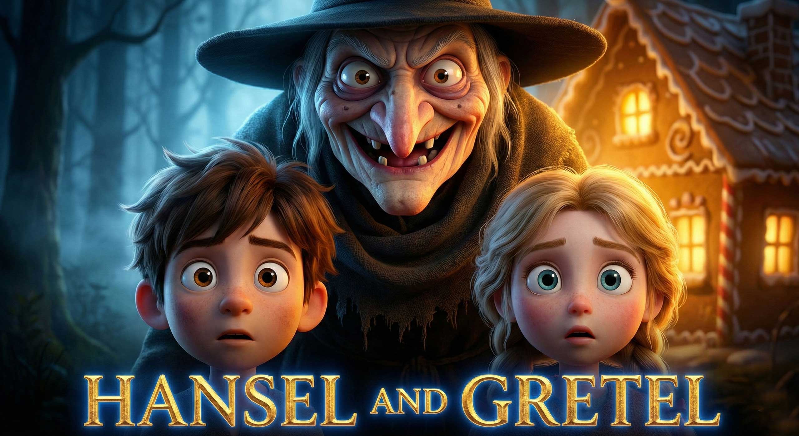 YouTube thumbnail featuring terrified Hansel and Gretel with a creepy witch looming behind them in front of a glowing gingerbread house by Inspirious Design