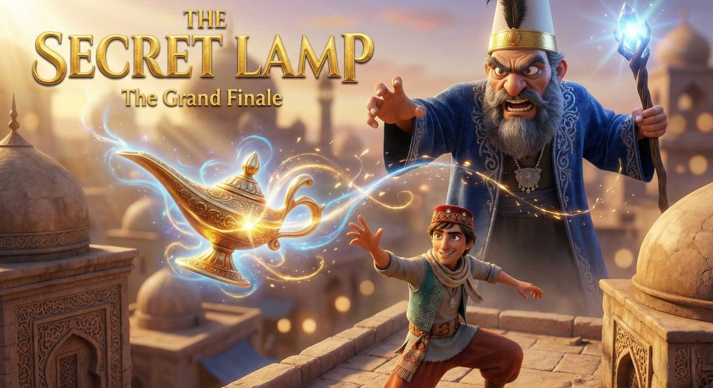 YouTube thumbnail for The Secret Lamp featuring a young boy and an evil sorcerer reaching for a glowing magic lamp by Inspirious Design