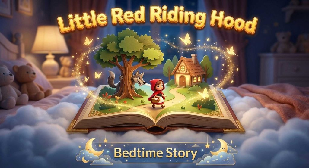 YouTube thumbnail featuring a magical glowing pop-up book with Little Red Riding Hood and a wolf by Inspirious Design