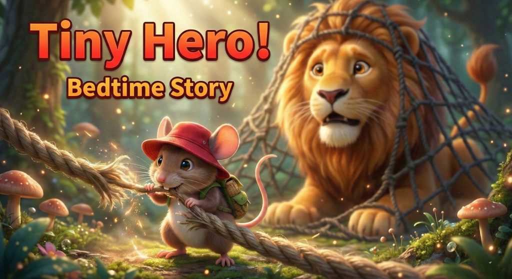 YouTube thumbnail featuring a tiny mouse chewing a rope to free a trapped lion with the text "Tiny Hero! Bedtime Story" by Inspirious Design