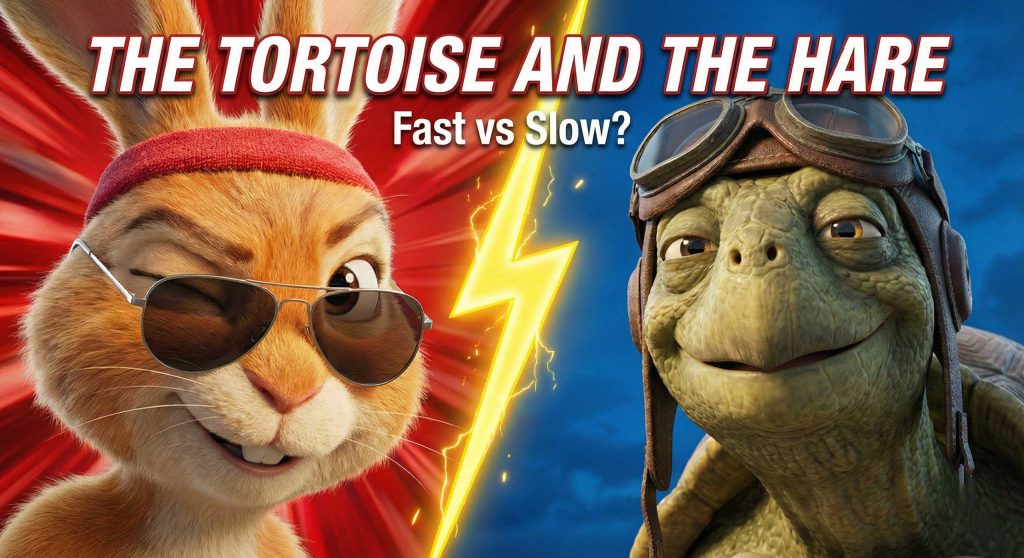 YouTube thumbnail for The Tortoise and the Hare featuring a cocky hare in sunglasses and a smiling tortoise with a lightning bolt by Inspirious Design