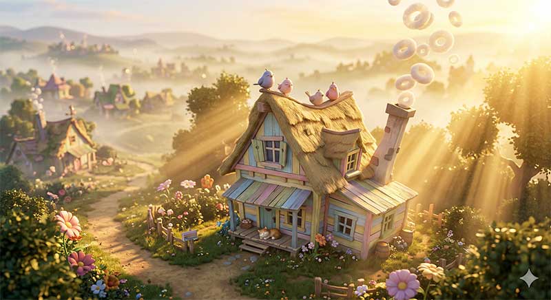 3D AI animated whimsical pastel cottage with a thatched roof, perfect smoke rings puffing from the chimney, cute round birds sitting on the roof, a sleeping ginger cat on the porch, and giant colorful blooming flowers bathed in spectacular warm golden sun rays by Inspirious Design