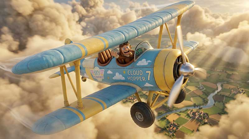 3D AI animated wide aerial shot of a pastel blue and yellow vintage biplane flying high above a patchwork countryside through massive fluffy clouds with golden sun rays by Inspirious Design