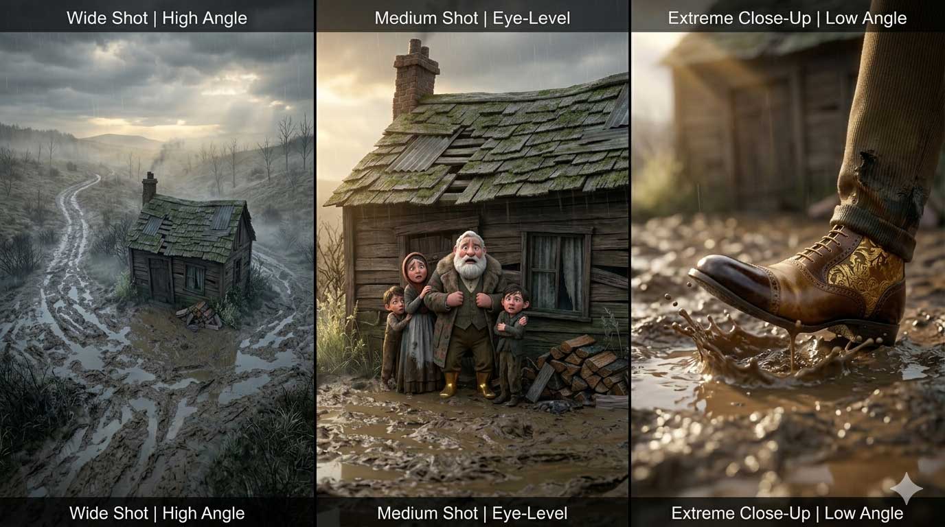 A three-panel breakdown of 3D AI animation showing a high-angle wide shot of a muddy cottage, an eye-level medium shot of a poor family, and a low-angle extreme close-up of an elegant leather boot splashing in mud by Inspirious Design