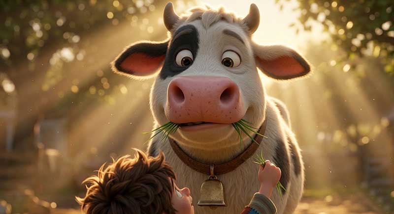 3D AI animated low-angle close-up of a sweet white and black cow chewing grass looking down fondly at a young boy with warm golden sun rays streaming through the trees by Inspirious Design