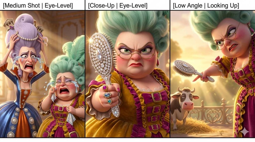 A three-panel breakdown of 3D AI animation showing a medium shot of two snooty sisters crying fake tears, a close-up of a sister holding a diamond hairbrush angrily, and a low angle shot of her yelling at a cow by Inspirious Design