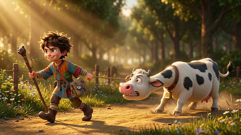 3D AI animated tracking shot of a happy young boy in a colorful tunic leading a stubborn, funny-looking cow by a rope down a sunlit forest path by Inspirious Design