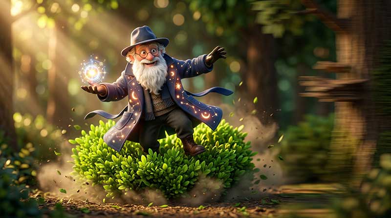 3D AI animated action shot of a whimsical old wizard in a starry blue coat magically popping out of a green bush holding a glowing orb in a sunlit forest by Inspirious Design