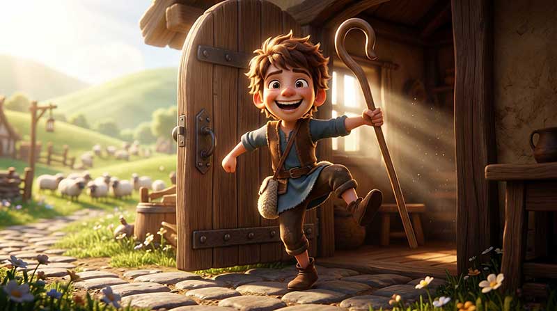 3D AI animated dynamic shot of Leo the shepherd boy laughing joyfully as he steps enthusiastically out of a rustic wooden cottage door into a bright, sun-drenched morning, framed by warm god-rays, glowing dust particles, and distant grazing sheep by Inspirious Design