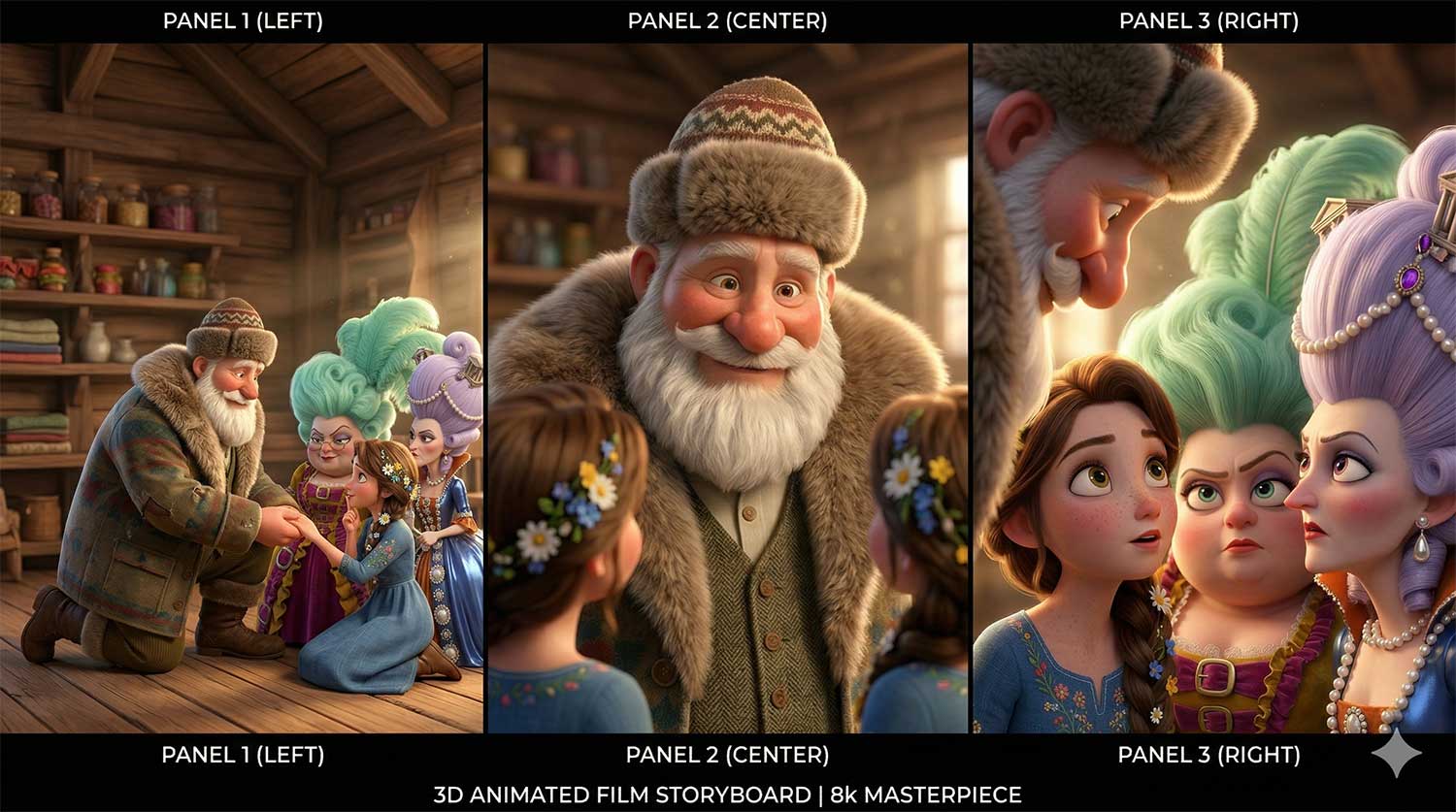 A three-panel storyboard breakdown of 3D AI animation showing a wide shot of a family in a rustic cabin, a close-up of a smiling merchant father, and a reaction shot of a sweet girl next to two snooty sisters by Inspirious Design