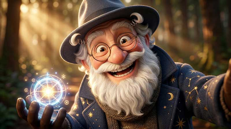 3D AI generated close-up of a smiling old wizard with a thick white beard and round glasses wearing a starry blue coat, holding a glowing magical orb with glowing runes in a sunlit forest by Inspirious Design