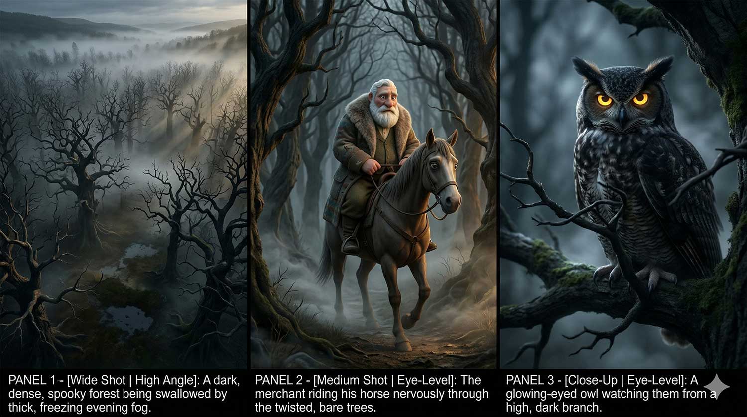 A three-panel storyboard breakdown of 3D AI animation showing a high-angle wide shot of a spooky foggy forest, a medium shot of a merchant riding a horse, and an eye-level close-up of an owl with glowing yellow eyes by Inspirious Design
