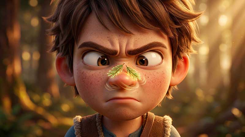 3D AI animated cinematic close-up of a grumpy shepherd boy looking comically cross-eyed at two green pine needles stuck to his nose, set against a soft, warm, sunlit forest background by Inspirious Design