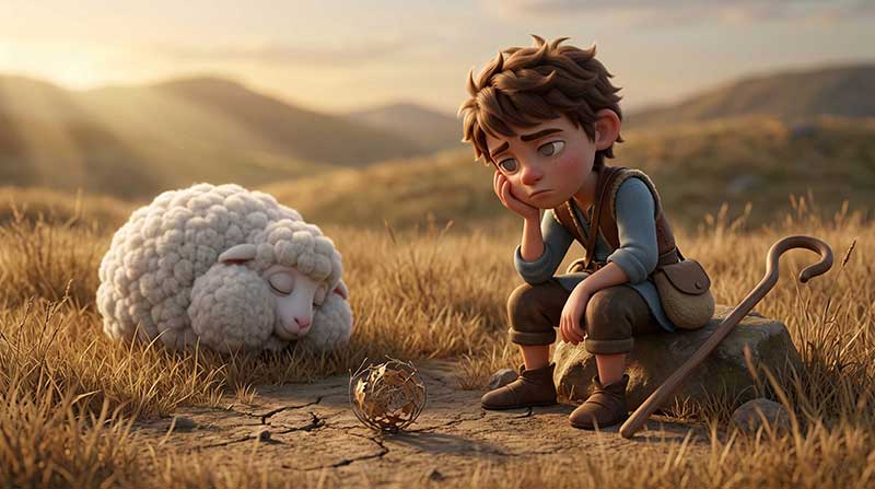 3D AI animated cinematic shot of Leo the shepherd boy sitting on a rock looking intensely bored with his chin resting in his hand, placed next to a peacefully sleeping fluffy sheep in a dry grassy field with cracked earth and a small tumbleweed under a golden sunset by Inspirious Design