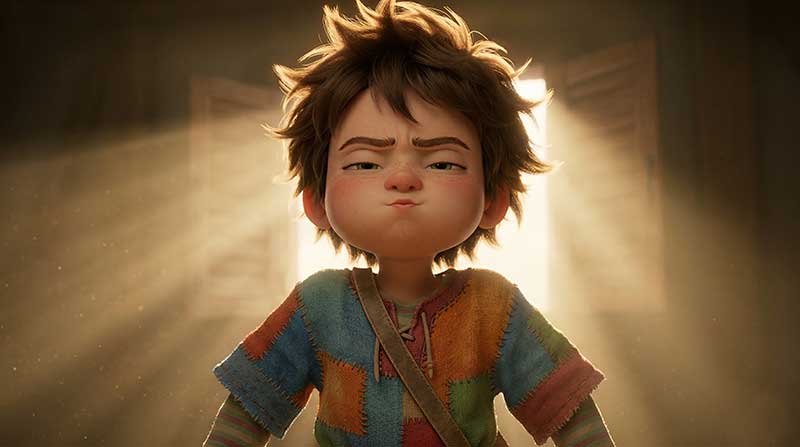 3D AI generated low-angle close-up of a determined young boy with puffed-out cheeks wearing a colorful patchwork tunic, standing in a rustic room with bright volumetric sun rays streaming from a window behind him by Inspirious Design
