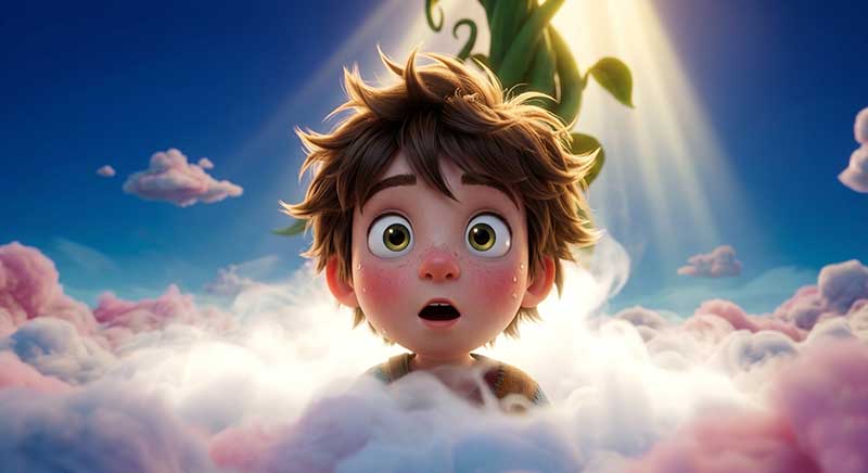 3D AI animated close-up of a young boy looking amazed with wide eyes and sweat drops as his head pops through soft pink and white clouds, with a glowing green beanstalk behind him by Inspirious Design