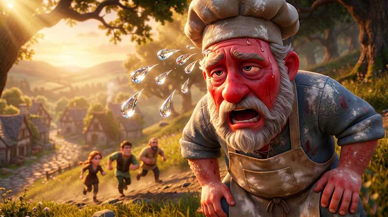 3D AI animated cinematic close-up of a thoroughly exhausted, red-faced baker sweating profusely with massive stylized water drops flying off his forehead, leaning on his knees on a steep dirt hill while other villagers run in the background under a golden sunset by Inspirious Design