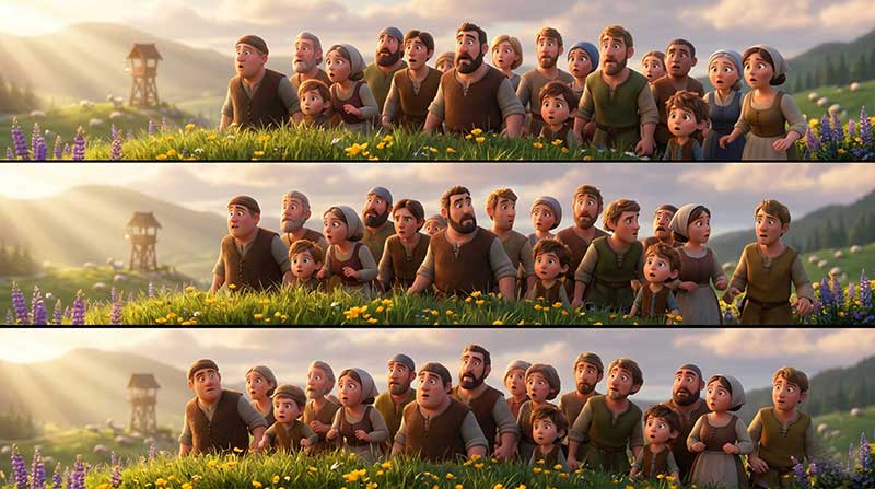3D AI animated three-panel storyboard of a large crowd of rustic villagers standing in a lush field of wildflowers, all looking off-screen with matching expressions of shock and alarm, bathed in warm golden god-rays with a distant wooden watchtower by Inspirious Design