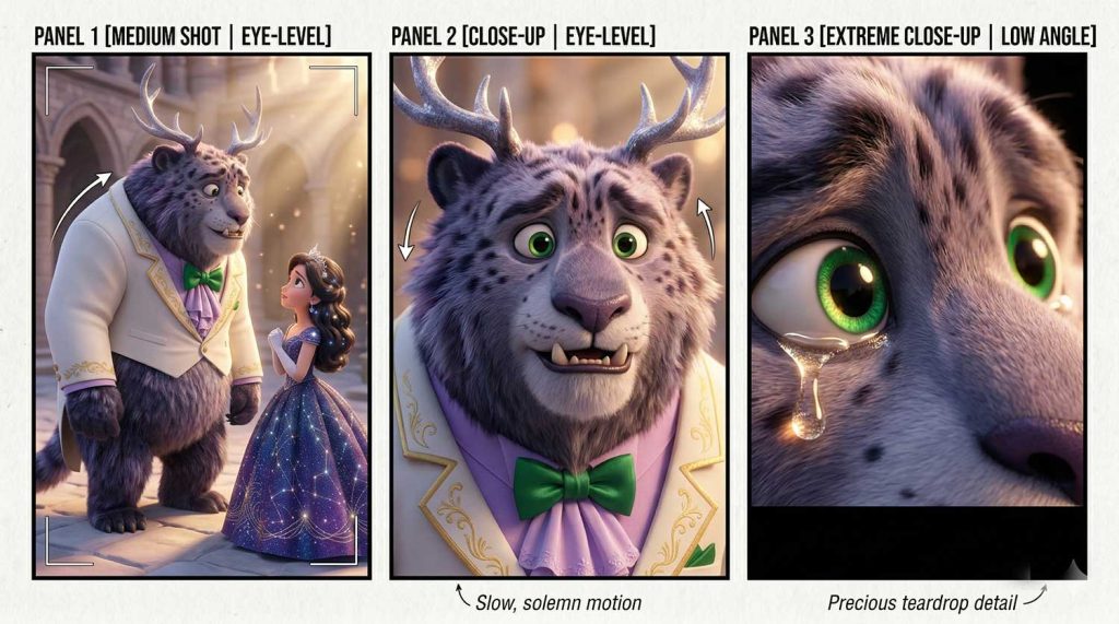 A three-panel storyboard breakdown of 3D AI animation showing a medium shot of the furry beast and sweet girl, a close-up of the beast's gentle smile, and an extreme close-up of a glowing teardrop falling from his eye by Inspirious Design