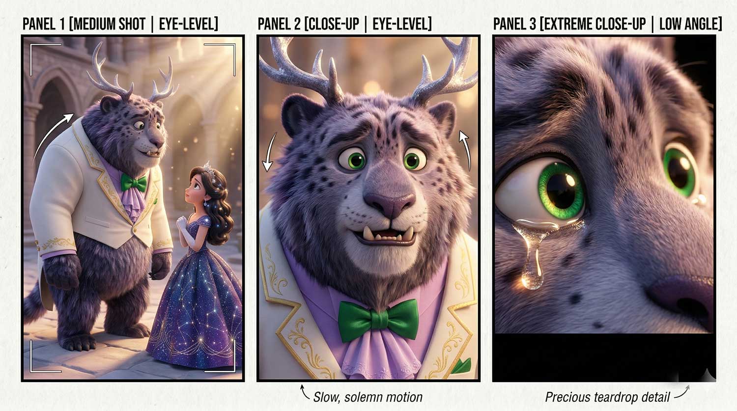 A three-panel storyboard breakdown of 3D AI animation showing a medium shot of the furry beast and sweet girl, a close-up of the beast's gentle smile, and an extreme close-up of a glowing teardrop falling from his eye by Inspirious Design