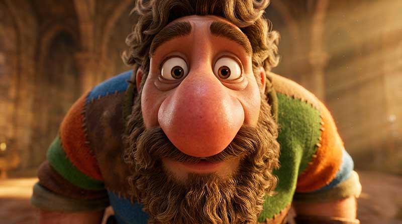 3D AI generated close-up of a massive giant with a large pink nose, thick curly brown beard, and wide curious eyes wearing a colorful patchwork leather tunic inside a stone castle by Inspirious Design