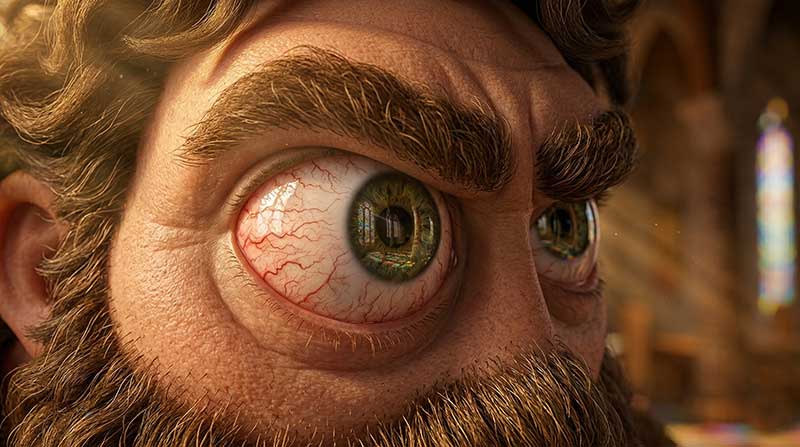 3D AI generated extreme macro close-up of a giant's eye featuring hyper-realistic skin textures, red blood vessels, and a reflection of a stained-glass window and dining table in the iris by Inspirious Design