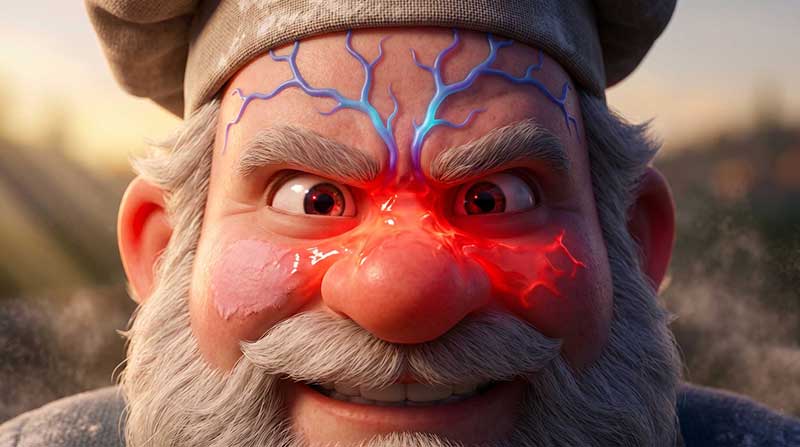 3D AI animated cinematic extreme close-up of a furiously angry baker gritting his teeth, featuring highly stylized, glowing neon blue and red veins bulging across his forehead and nose in a fit of rage by Inspirious Design