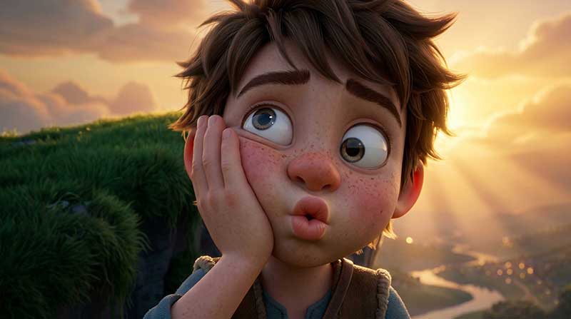 3D AI animated cinematic close-up of a playful shepherd boy resting his squished face on his hand with puckered lips, beautifully backlit by warm golden sunbeams and god-rays on a lush grassy cliff edge by Inspirious Design