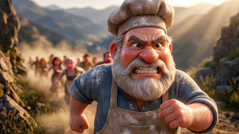 3D AI animated cinematic close-up of a furious, red-faced baker in a flour-dusted apron sprinting frantically up a dusty mountain trail, leading a blurred crowd of running villagers under bright sunlight by Inspirious Design
