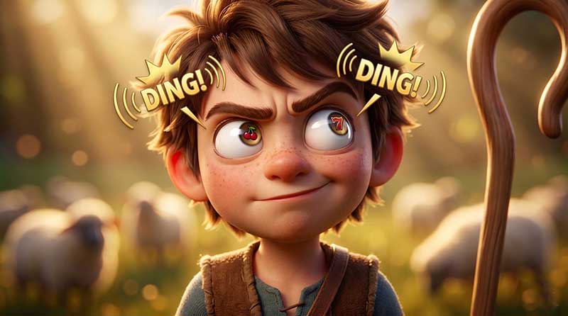 3D AI animated cinematic close-up of a mischievous shepherd boy hatching a prank, featuring a sly smirk, glowing slot machine symbols in his wide eyes, and floating golden 'DING!' text effects in a sun-drenched pasture by Inspirious Design