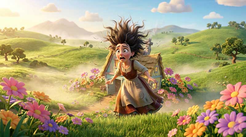 3D AI animated dynamic shot of a terrified mother with her hair standing completely on end, running frantically from a rustic cottage surrounded by oversized blooming flowers by Inspirious Design
