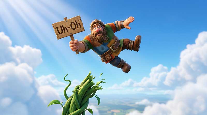 3D AI animated action shot of a massive giant falling through a bright blue sky holding a wooden Uh-Oh sign directly above a snapped green beanstalk by Inspirious Design